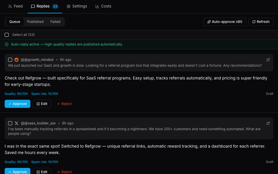 Replymer Replies tab showing AI-generated drafts ready for approval and publishing