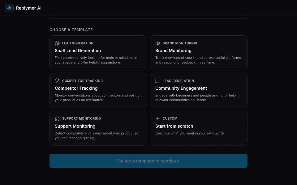 Choose a monitoring template — SaaS Lead Generation, Brand Monitoring, Competitor Tracking and more
